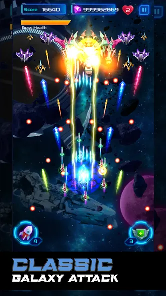 Galaxy Attack: Space Shooter Mod APK Много денег и кристаллов — Скачать на Андроид — скриншот 1