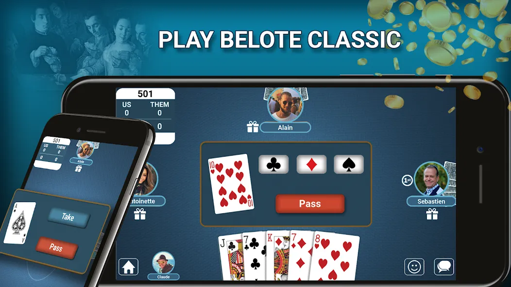 Blot Belote Coinche Online — Мод: Много монет — скриншот 1 Blot Belote Coinche Online — Мод: Много монет — скриншот 1