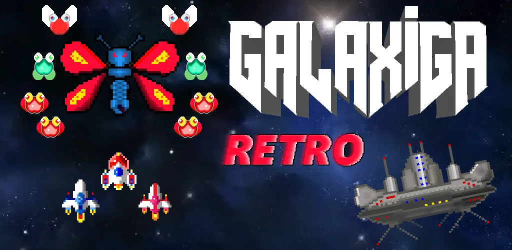 Galaxiga Retro Arcade Action MOD APK — Много денег и кристаллов — скриншот 1