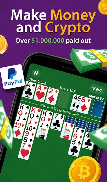 Взломанная Solitaire - Make Money на Андроид — Много денег и без рекламы — скриншот 1